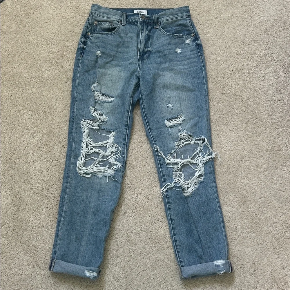 Pistola | Light Blue Relaxed Fit Distressed Straight Leg Jeans | 26 | In 26”-28” - Picture 5 of 12